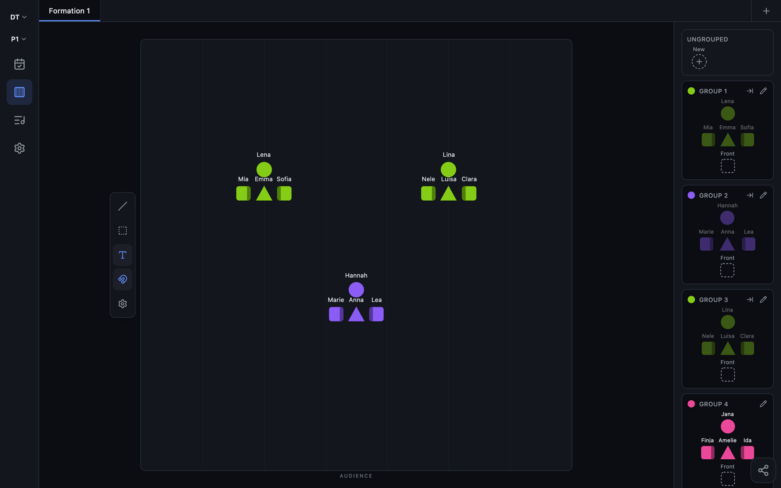 The Fullout mat editor: three stunt groups placed on a competition floor, each athlete a named shape, with the bench of remaining groups down the right.